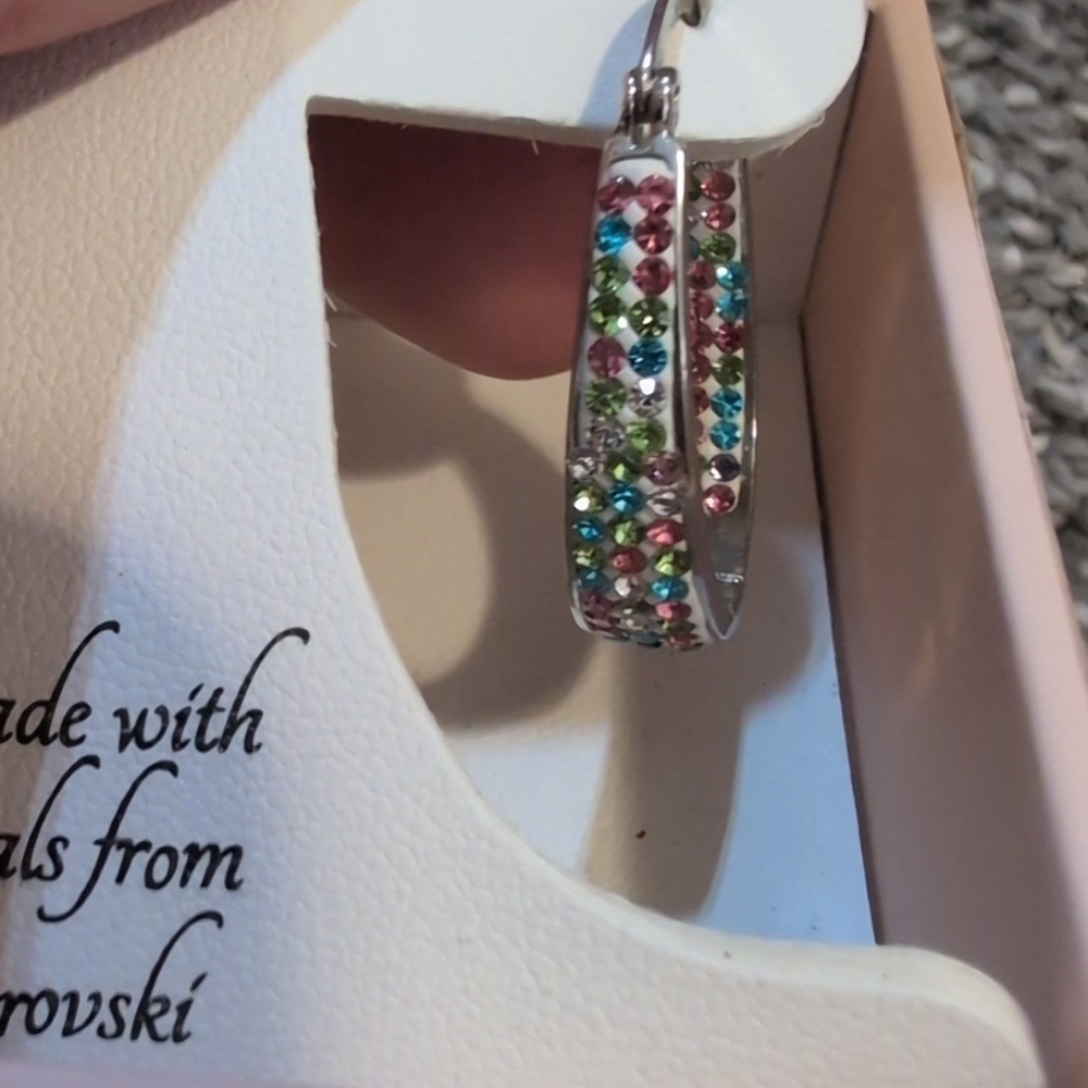 Silver U Shaped Hoop Earrings with Multicolor Crystals - Picture 4 of 7